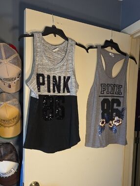 PINK Victoria's Secret Grey and Black Sequin '86' Tank Top